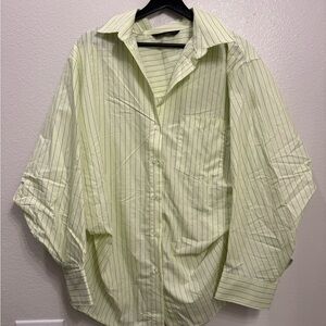 Zara Women’s Neon Yellow/Green Striped Button Down Shirt L 26x29